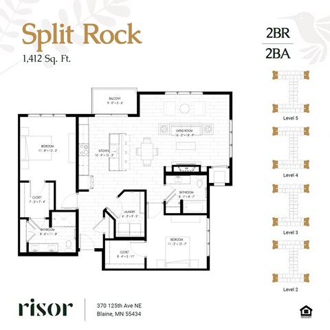Floor plan for 2 beds, 2 baths, 1412 sqft